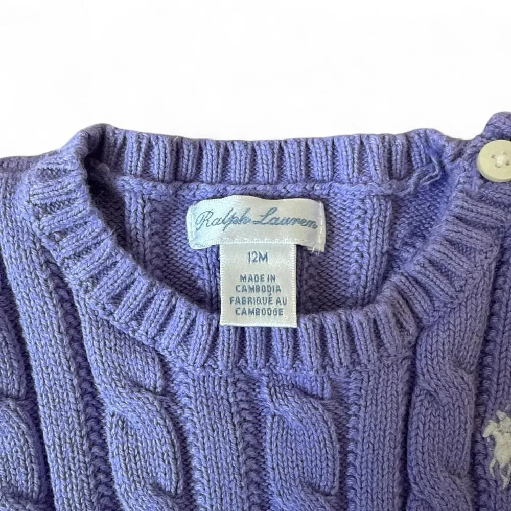 Ralph Lauren Baby Girls Cable Knit Peplum Sweater 12M Purple 100% Cotton